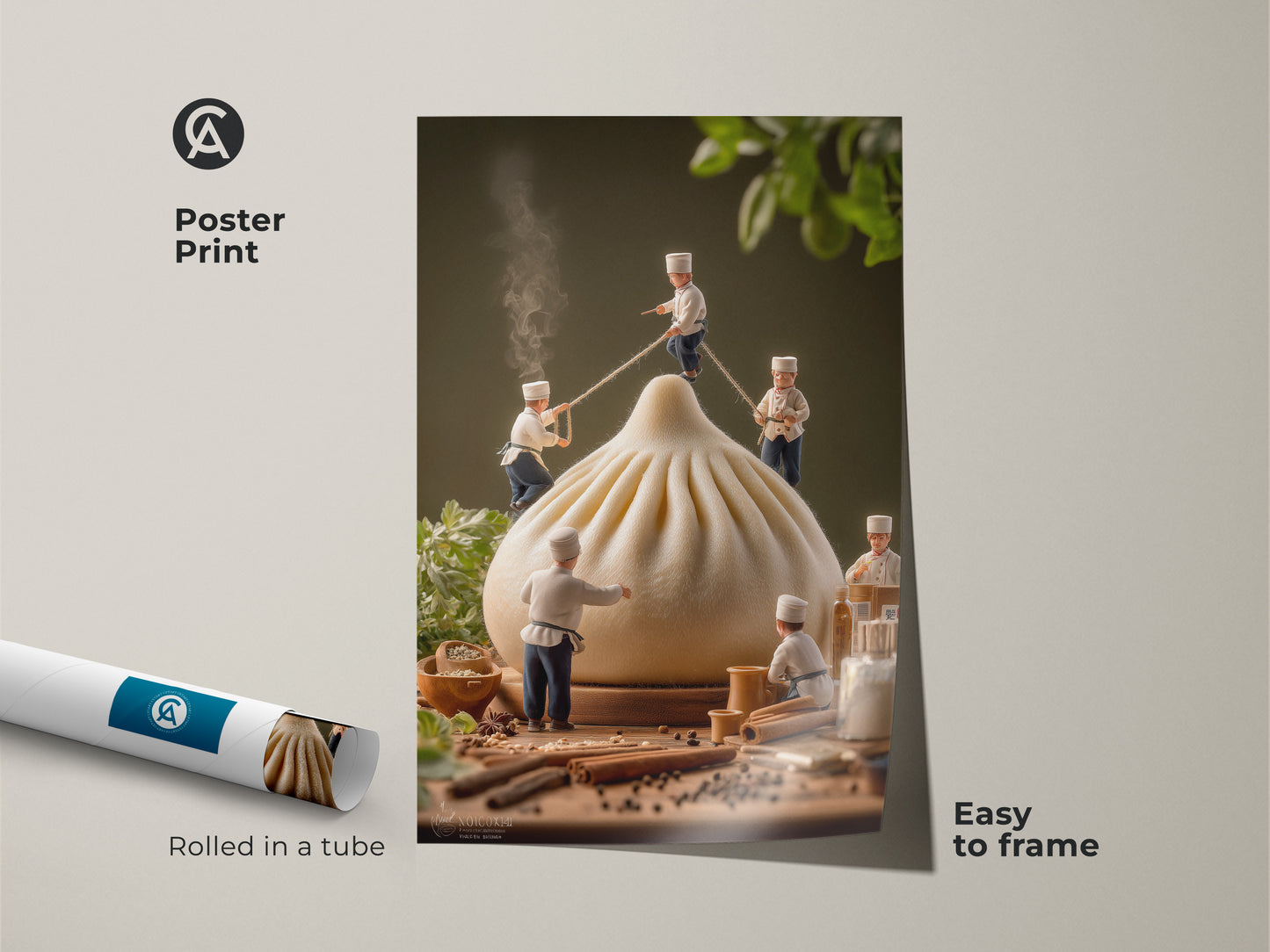 Poster print of miniature chefs around a dumpling. This museum-quality art arrives rolled in a tube. It's easy to frame and display. This food-themed artwork adds charm to any space. The poster features a delightful culinary scene. The art is perfect for food lovers.
