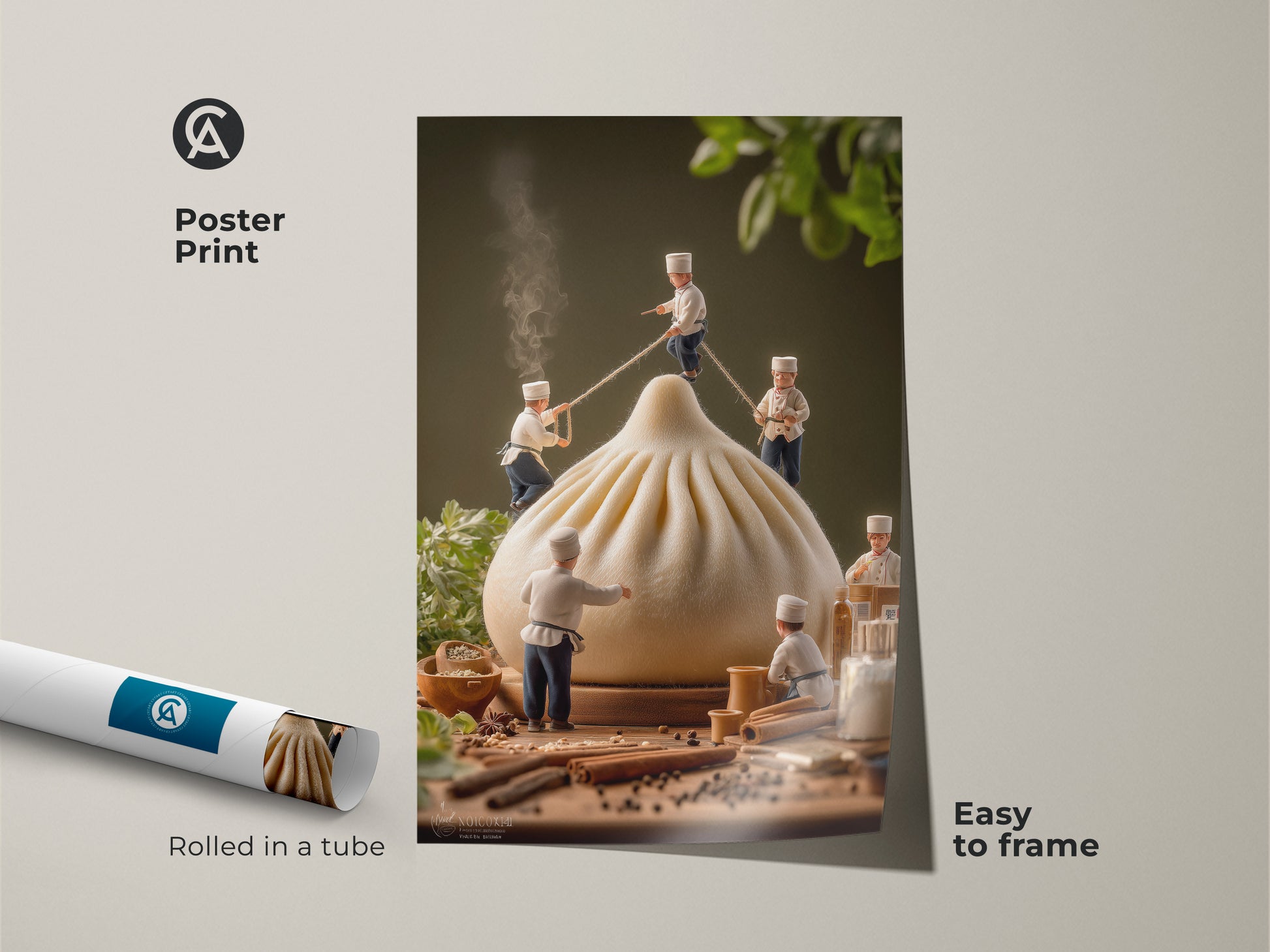 Poster print of miniature chefs around a dumpling. This museum-quality art arrives rolled in a tube. It's easy to frame and display. This food-themed artwork adds charm to any space. The poster features a delightful culinary scene. The art is perfect for food lovers.
