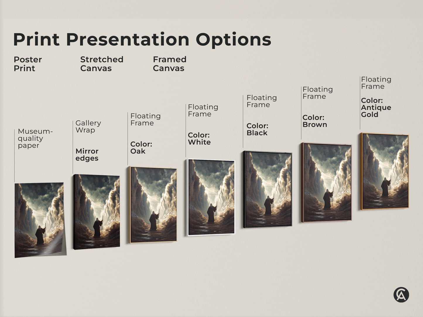 Explore the print presentation options for Moses parting the Red Sea artwork. Choose from poster prints stretched canvas or framed canvas. Find the perfect museum-quality paper or gallery wrap to match your eclectic home decor style.