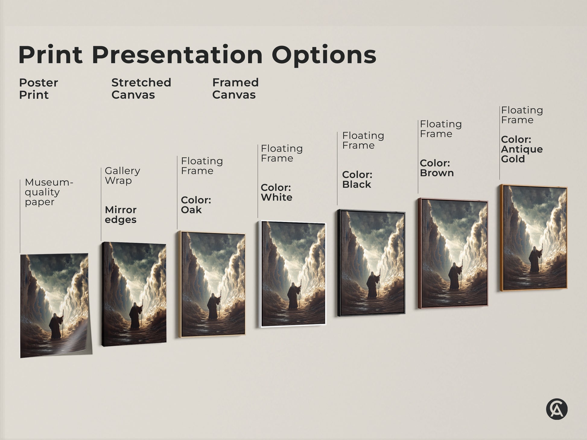 Explore the print presentation options for Moses parting the Red Sea artwork. Choose from poster prints stretched canvas or framed canvas. Find the perfect museum-quality paper or gallery wrap to match your eclectic home decor style.
