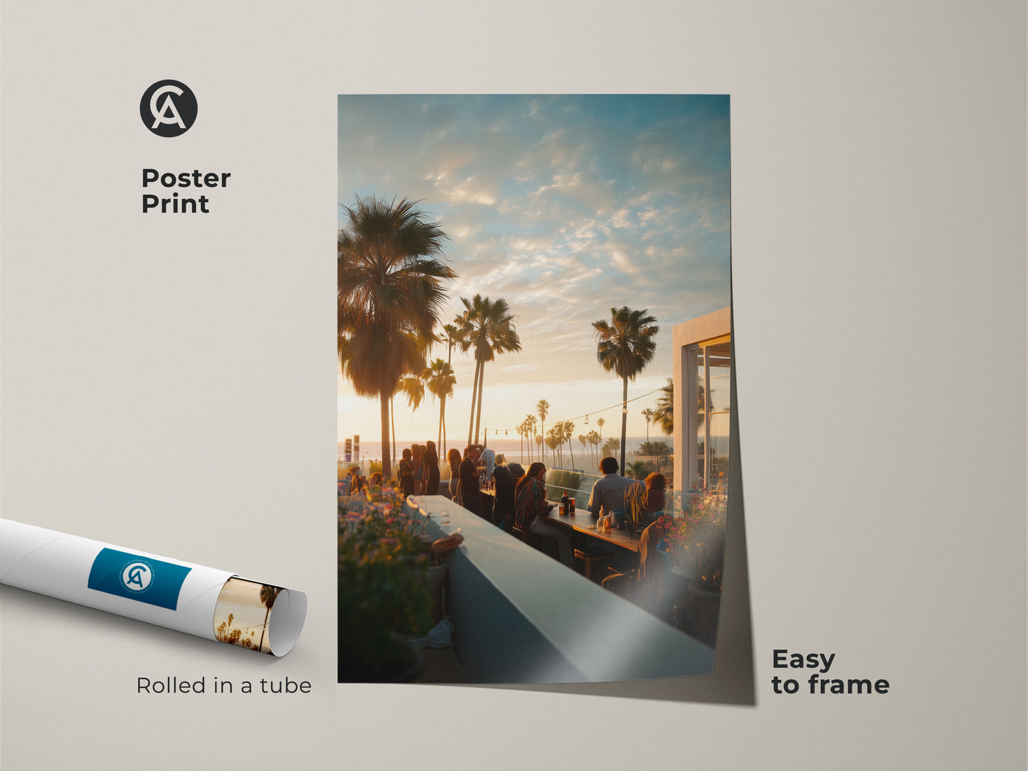 Poster print rolled in a tube. The art showcases a sunset from a rooftop bar. Palm trees give it a beachy vibe. The poster is easy to frame and display. A great way to bring the outdoors in with this wall decor.