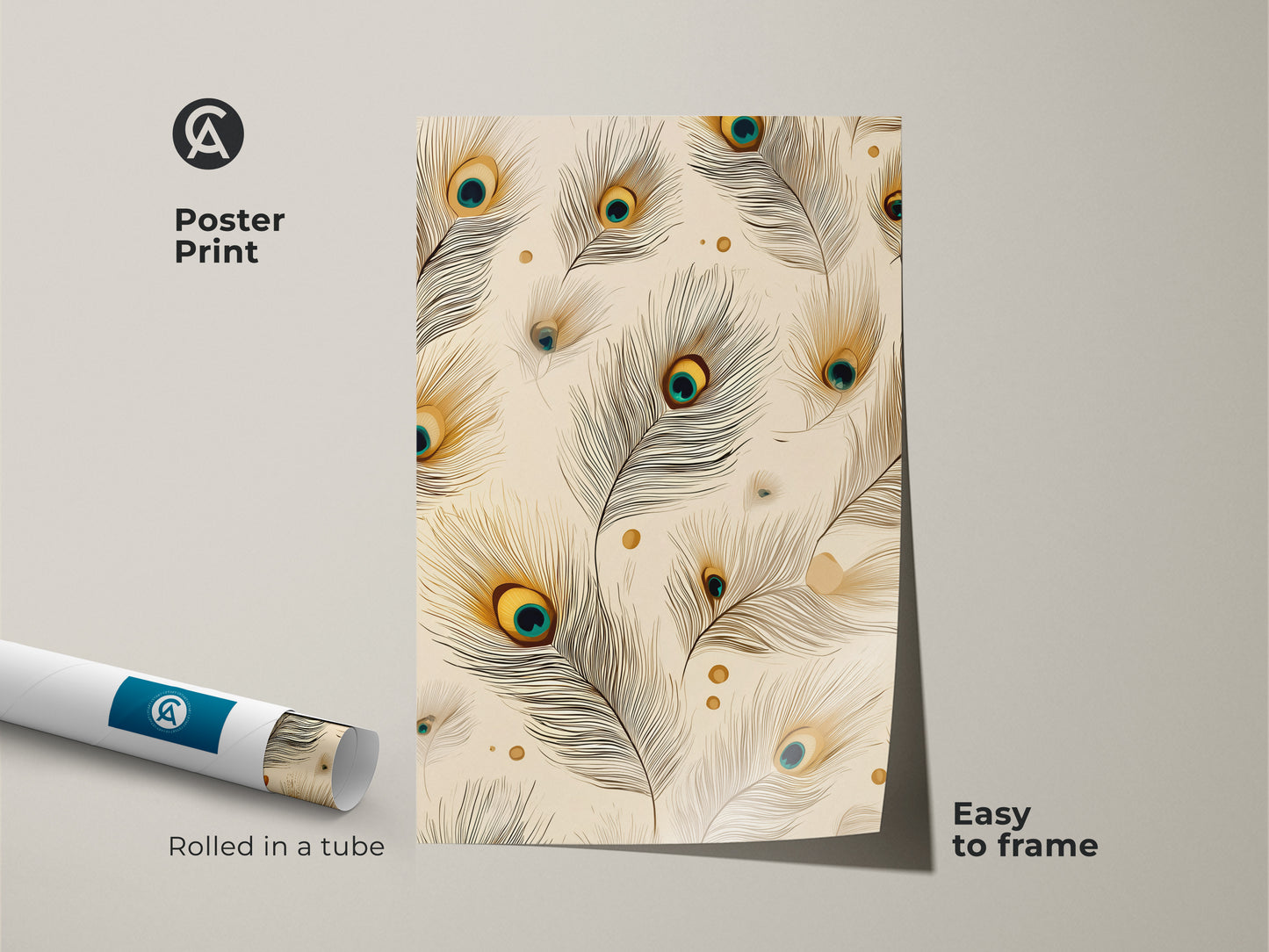 Poster print of peacock feather artwork rolled in a tube. Boho abstract canvas print easy to frame. The cream teal and gold artwork is a great housewarming gift idea. Ideal for nature inspired wall decor and adding an art nouveau touch.