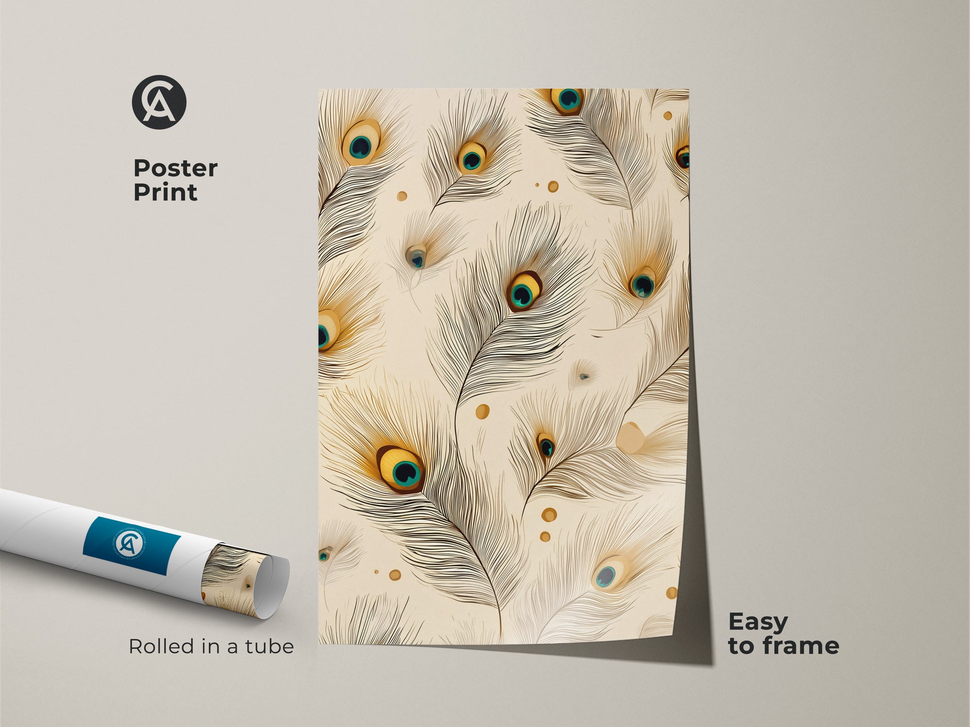 Poster print of peacock feather artwork rolled in a tube. Boho abstract canvas print easy to frame. The cream teal and gold artwork is a great housewarming gift idea. Ideal for nature inspired wall decor and adding an art nouveau touch.