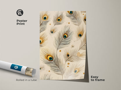 Poster print of peacock feather artwork rolled in a tube. Boho abstract canvas print easy to frame. The cream teal and gold artwork is a great housewarming gift idea. Ideal for nature inspired wall decor and adding an art nouveau touch.