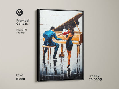 This framed canvas features abstract piano artwork. It is ready to hang in a floating black frame. The contemporary music decor includes an impressionist couple. Enjoy this gift for music lovers.