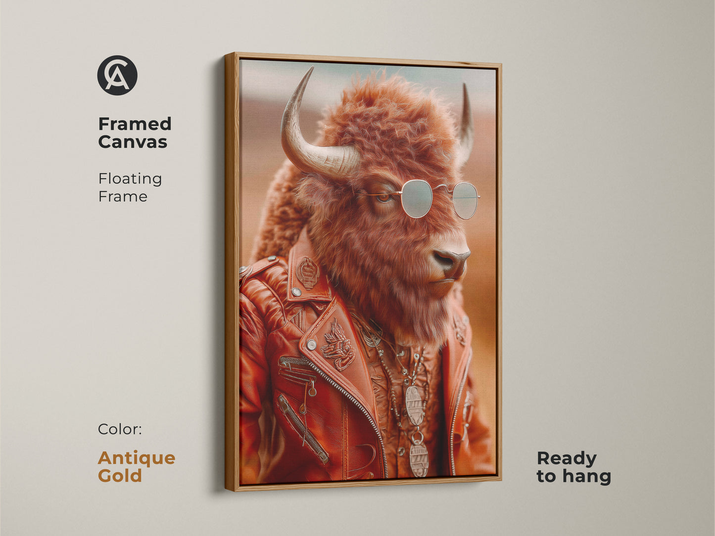 A framed canvas print with an antique gold floating frame. It features a cool bison wearing a retro leather jacket and sunglasses. Ready to hang it makes a statement as eclectic wall decor and a unique gift.