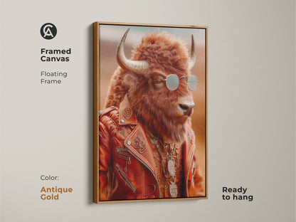 A framed canvas print with an antique gold floating frame. It features a cool bison wearing a retro leather jacket and sunglasses. Ready to hang it makes a statement as eclectic wall decor and a unique gift.