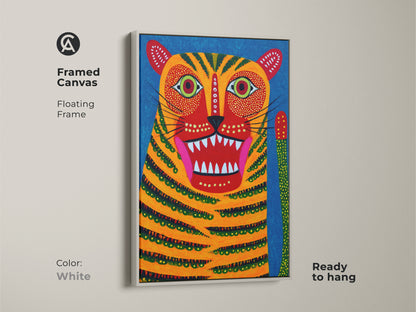 This canvas art features a folk style tiger framed in white. This abstract animal art is ready to hang. The colorful wildlife artwork is perfect for adding a vibrant touch to any space. The floating frame enhances this unique home decor piece.