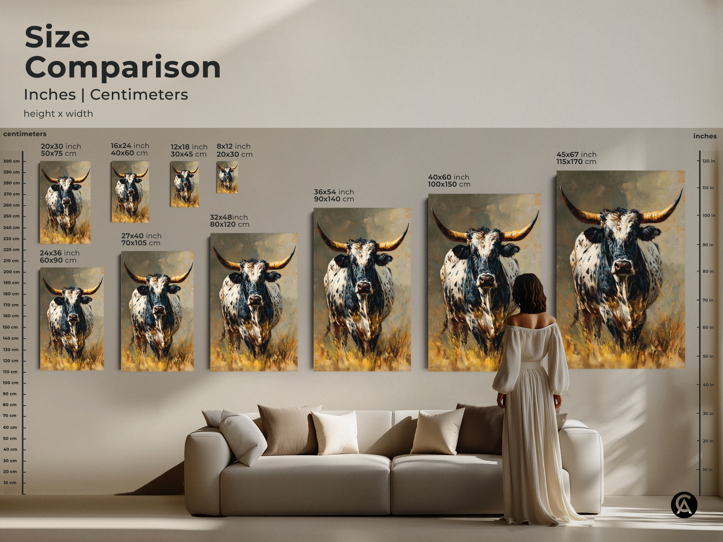Size comparison of Longhorn Bull artwork inches and centimeters. See the height x width dimensions. Visualize the canvas and poster options in a living room setting. The black and white animal artwork is versatile. Perfect for rustic western decor. Ideal for farmhouse homes. Choose the right size for your space. Add a cowboy touch to any room.
