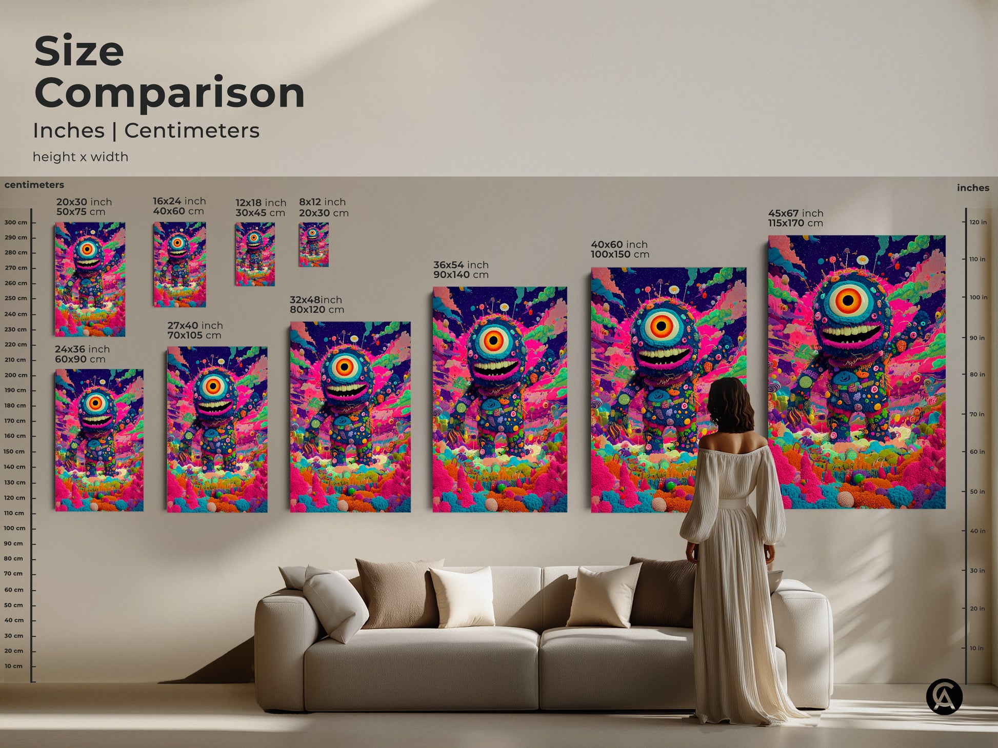 Size comparison of inches and centimeters. See how the one-eyed monster artwork looks in different sizes. Perfect for any space. Available on canvas or poster print. Find the ideal fit for your home today. Add a playful touch to your decor.