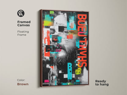 Framed canvas featuring abstract glitch art. Floating frame in brown. Ready to hang. Urban man face wall art in red black and teal abstract. Contemporary office wall decor or modern art print. Unique man portrait canvas for art lovers.