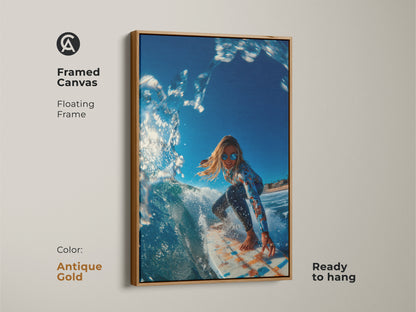 Antique gold framed canvas artwork of a surfer girl riding a wave. The frame is a floating frame. This framed art is ready to hang. The surfer is wearing sunglasses and a long-sleeve swimsuit.