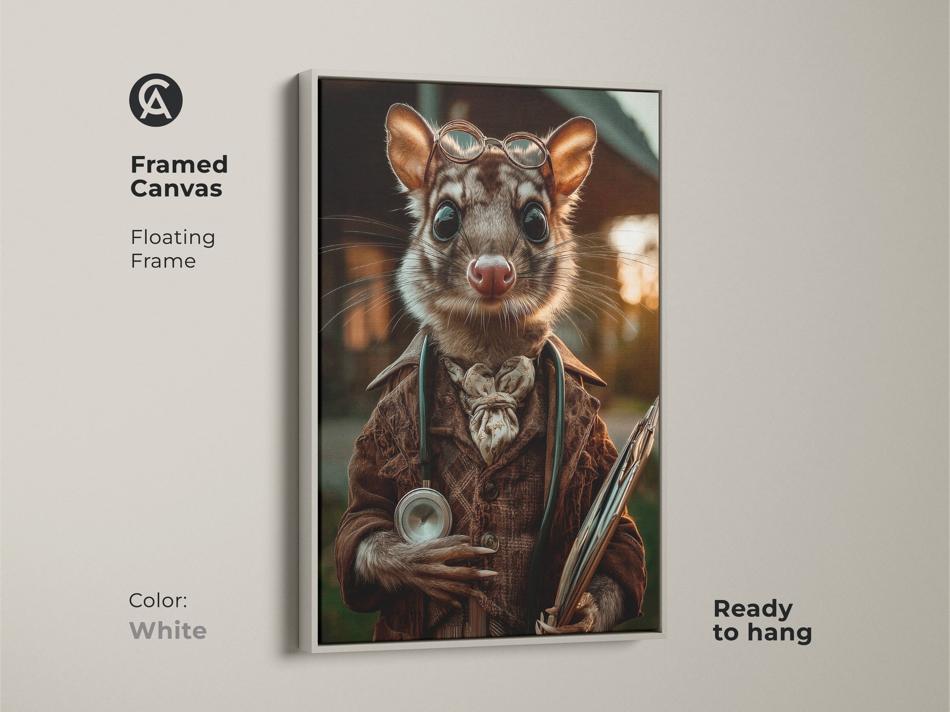This framed canvas art presents a possum doctor in sepia tones with a white floating frame. The surreal animal portrait features a possum wearing glasses and a coat. He is holding medical instruments. Ready to hang this art adds eclectic charm to any office or study. It’s a unique gift for animal lovers.