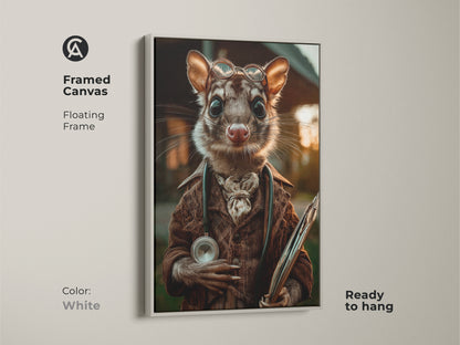 This framed canvas art presents a possum doctor in sepia tones with a white floating frame. The surreal animal portrait features a possum wearing glasses and a coat. He is holding medical instruments. Ready to hang this art adds eclectic charm to any office or study. It’s a unique gift for animal lovers.