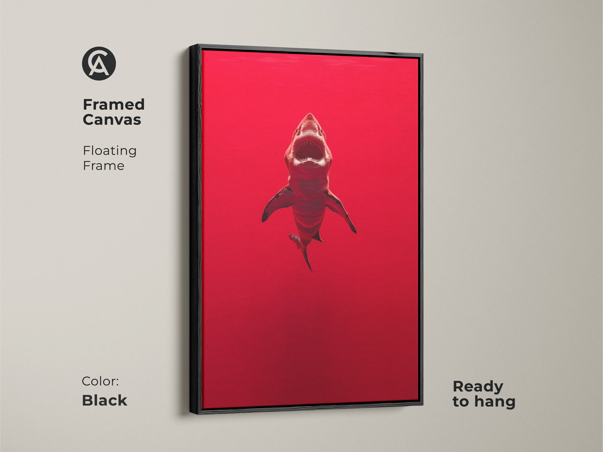 Framed canvas of a crimson shark with a black floating frame. The ocean predator artwork is ready to hang. This contemporary artwork features a powerful animal wall art for the office. A unique birthday gift for shark enthusiasts. This minimalist shark print adds drama to any space.