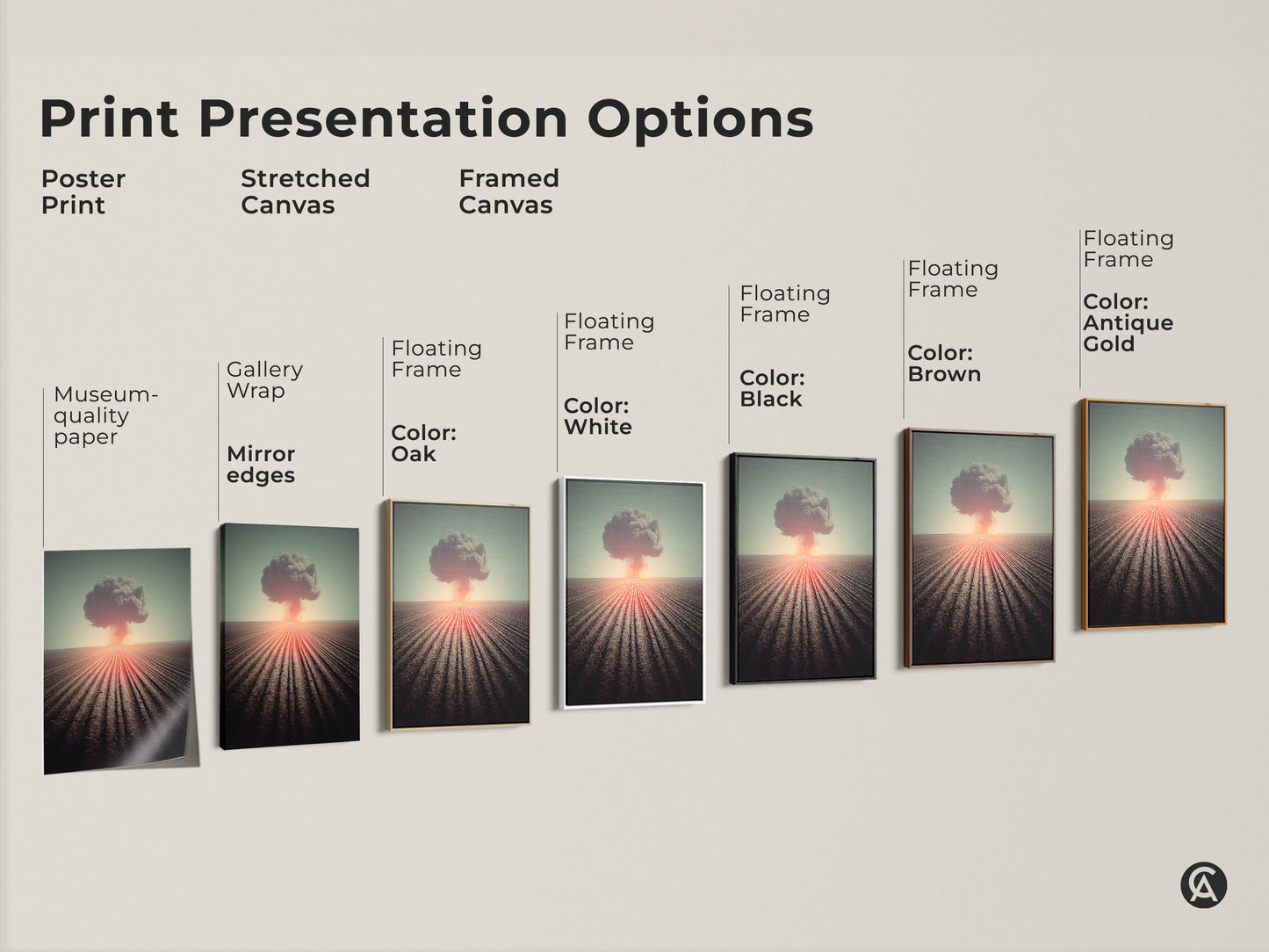 Explore print presentation options for surreal nuclear explosion art. Choose from poster print stretched canvas or framed canvas. Options include black brown antique gold and white frames. Find museum-quality paper gallery wrap or floating frame styles. Perfect industrial style wall art for any space.