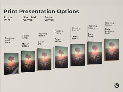 Explore print presentation options for surreal nuclear explosion art. Choose from poster print stretched canvas or framed canvas. Options include black brown antique gold and white frames. Find museum-quality paper gallery wrap or floating frame styles. Perfect industrial style wall art for any space.