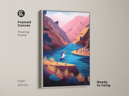 Framed canvas of teal pink mountain scenery with a white floating frame. Ready to hang. This adventure wall art print shows a hiking river landscape. It's a contemporary flat illustration for outdoor lovers. A great housewarming gift idea.