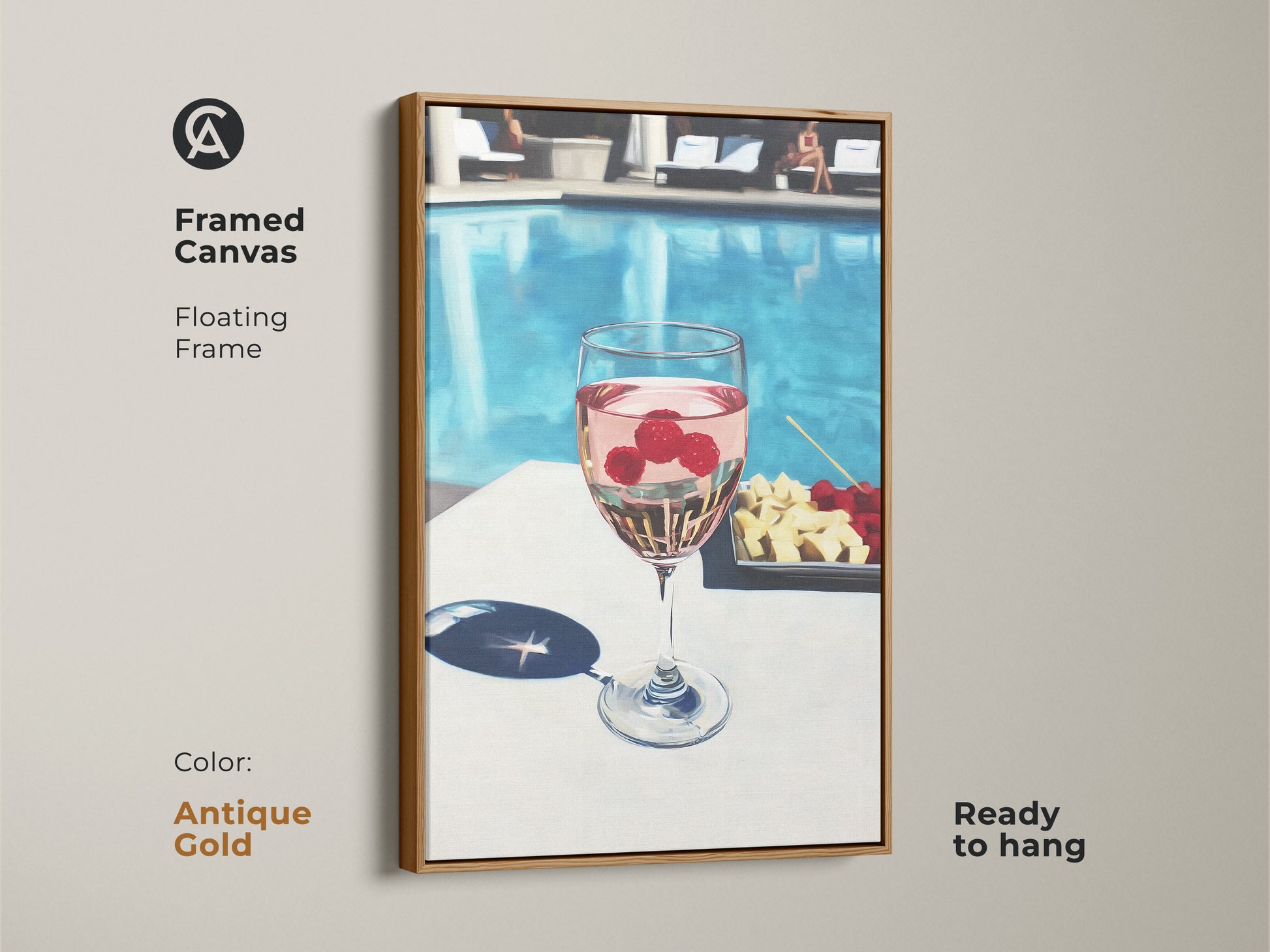 Framed canvas art in antique gold displaying a poolside wine cocktail. Floating frame enhances the contemporary artwork. Ready to hang this piece adds sophistication to any space. Modern wall art for wine enthusiasts.