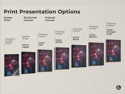 Print presentation options for hummingbird and gladiolus artwork. Choose from poster print stretched canvas and framed canvas. Options include museum-quality paper gallery wrap and floating frames in various colors.