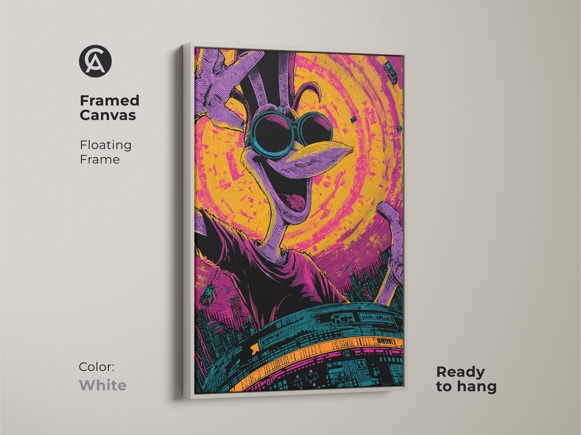 Framed canvas art featuring a cartoon bird character with sunglasses in a white floating frame. The artwork is ready to hang. It is designed with a bold color scheme of purple yellow and teal. It is a clean and modern addition to any living space.