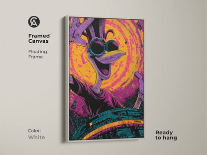 Framed canvas art featuring a cartoon bird character with sunglasses in a white floating frame. The artwork is ready to hang. It is designed with a bold color scheme of purple yellow and teal. It is a clean and modern addition to any living space.