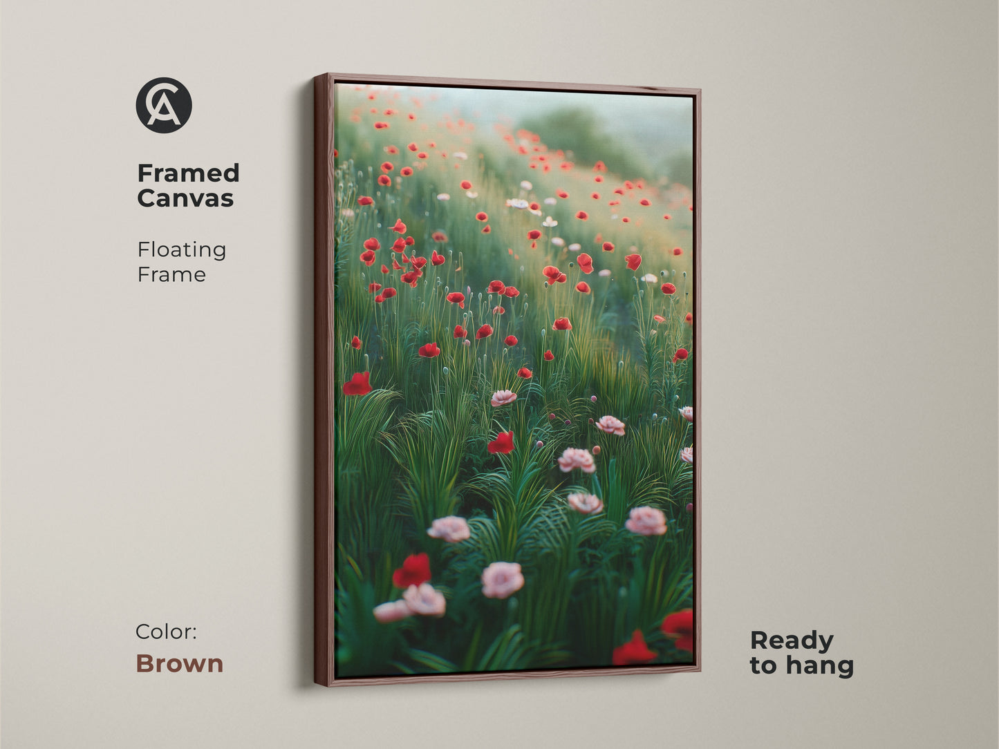 Framed canvas with a floating brown frame featuring wildflower artwork. The red poppy art print is perfect for housewarming. This boho bedroom canvas art adds a cozy touch. Ready to hang and enjoy.