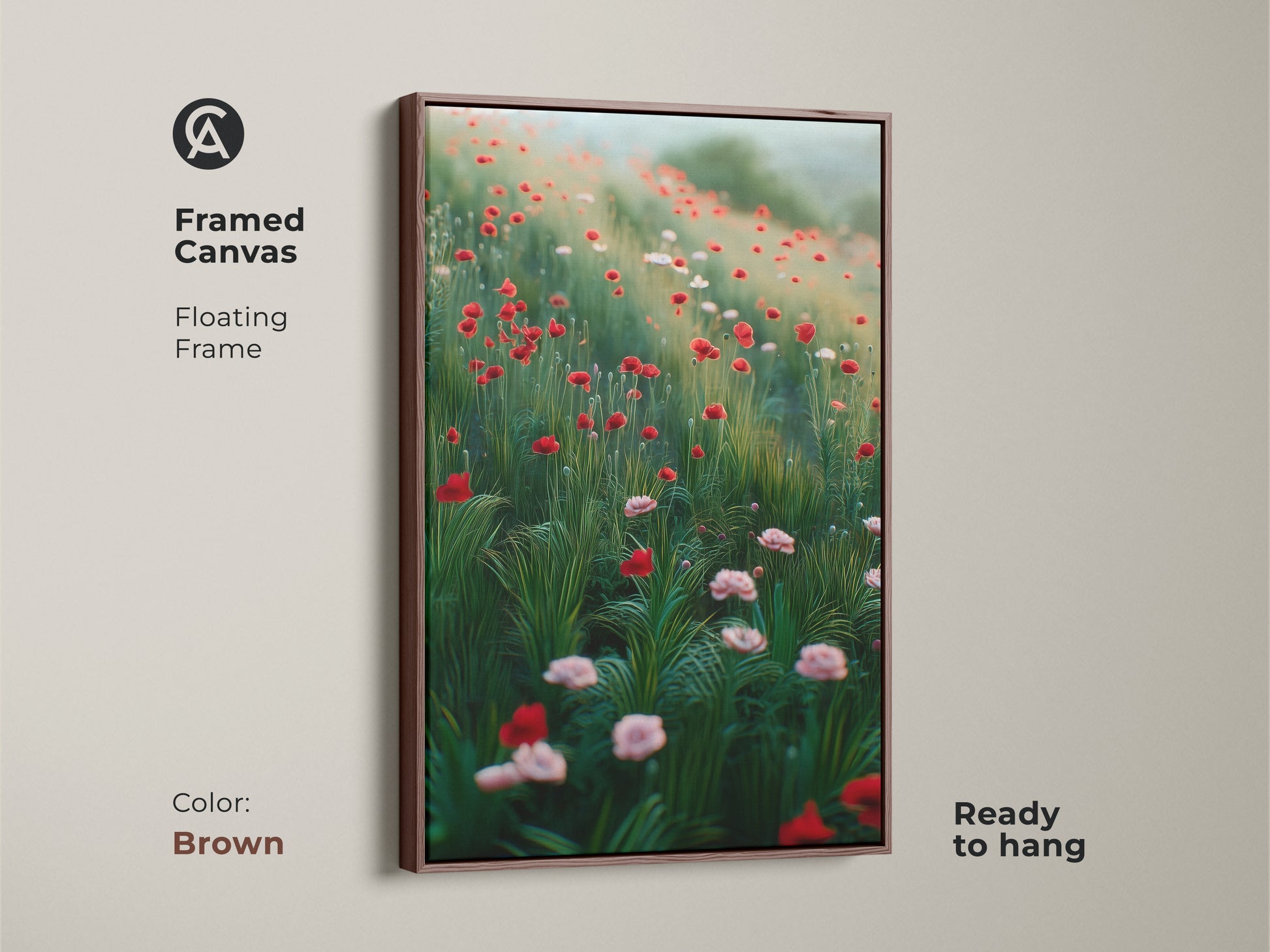 Framed canvas with a floating brown frame featuring wildflower artwork. The red poppy art print is perfect for housewarming. This boho bedroom canvas art adds a cozy touch. Ready to hang and enjoy.