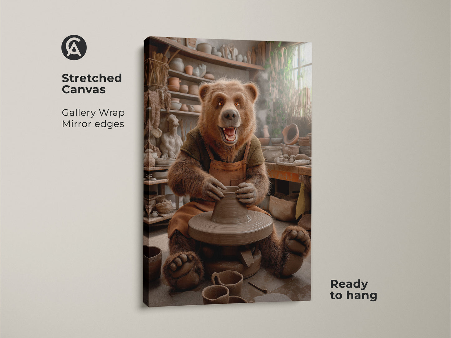 This stretched canvas features a whimsical bear at a pottery wheel. The gallery wrap with mirror edges enhances the studio scene animal wall decor. It's ready to hang. The brown pottery scene canvas makes a unique gift for pottery lovers. The eclectic animal art print adds rustic charm.