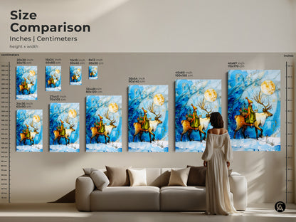 Compare sizes of the winter child and moon artwork. See how the art scales from 16x24 to 45x67 inches in canvas and poster prints. Visualize this cozy cabin decor above a sofa. Find the perfect size for your reindeer family art.