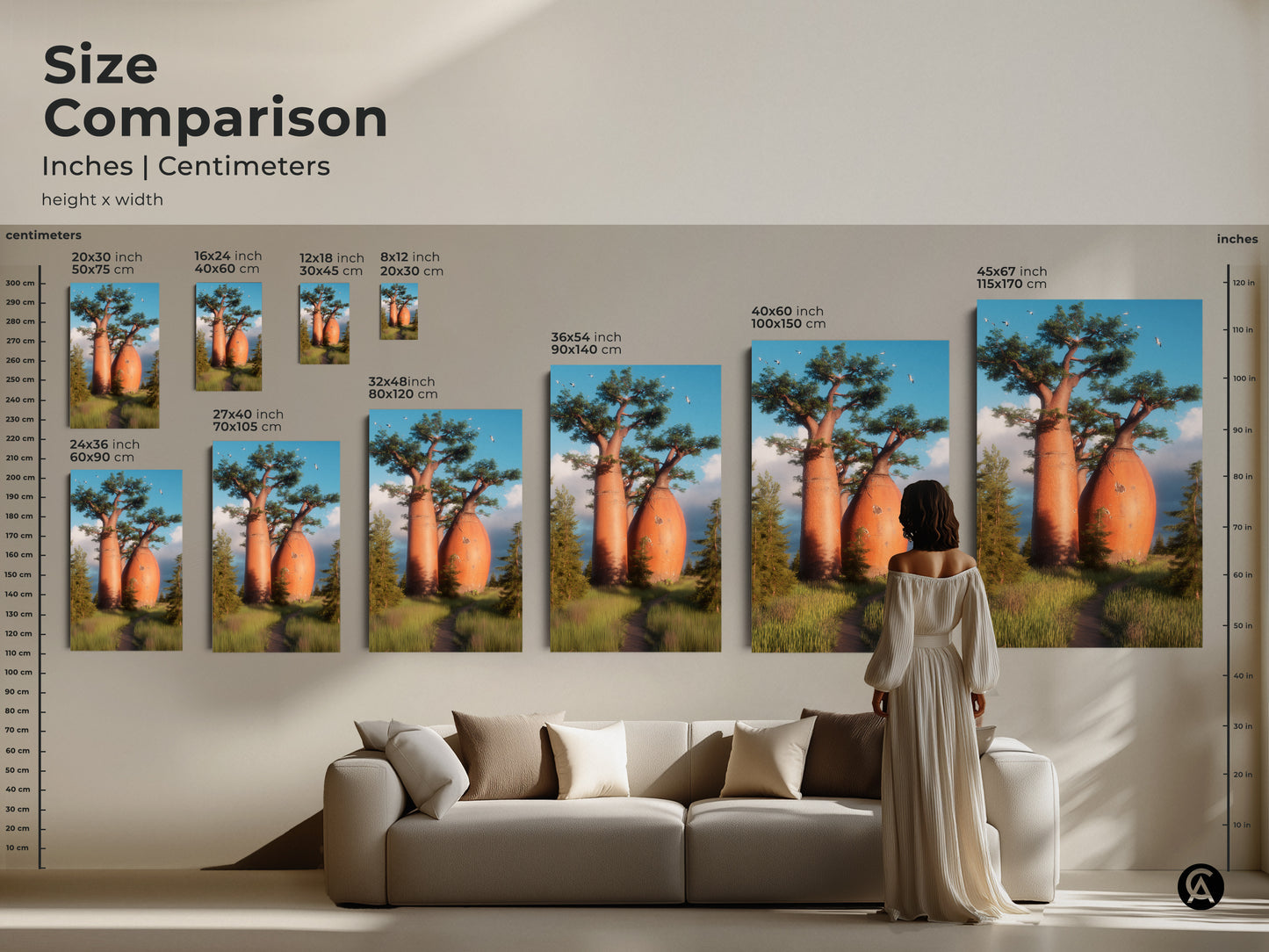 Size comparison of African Savanna landscape artwork. Realistic nature photography of baobab trees in various sizes. See how this art fits in your home. Canvas and poster options available. Find the perfect piece to enhance your eclectic style home decor today.