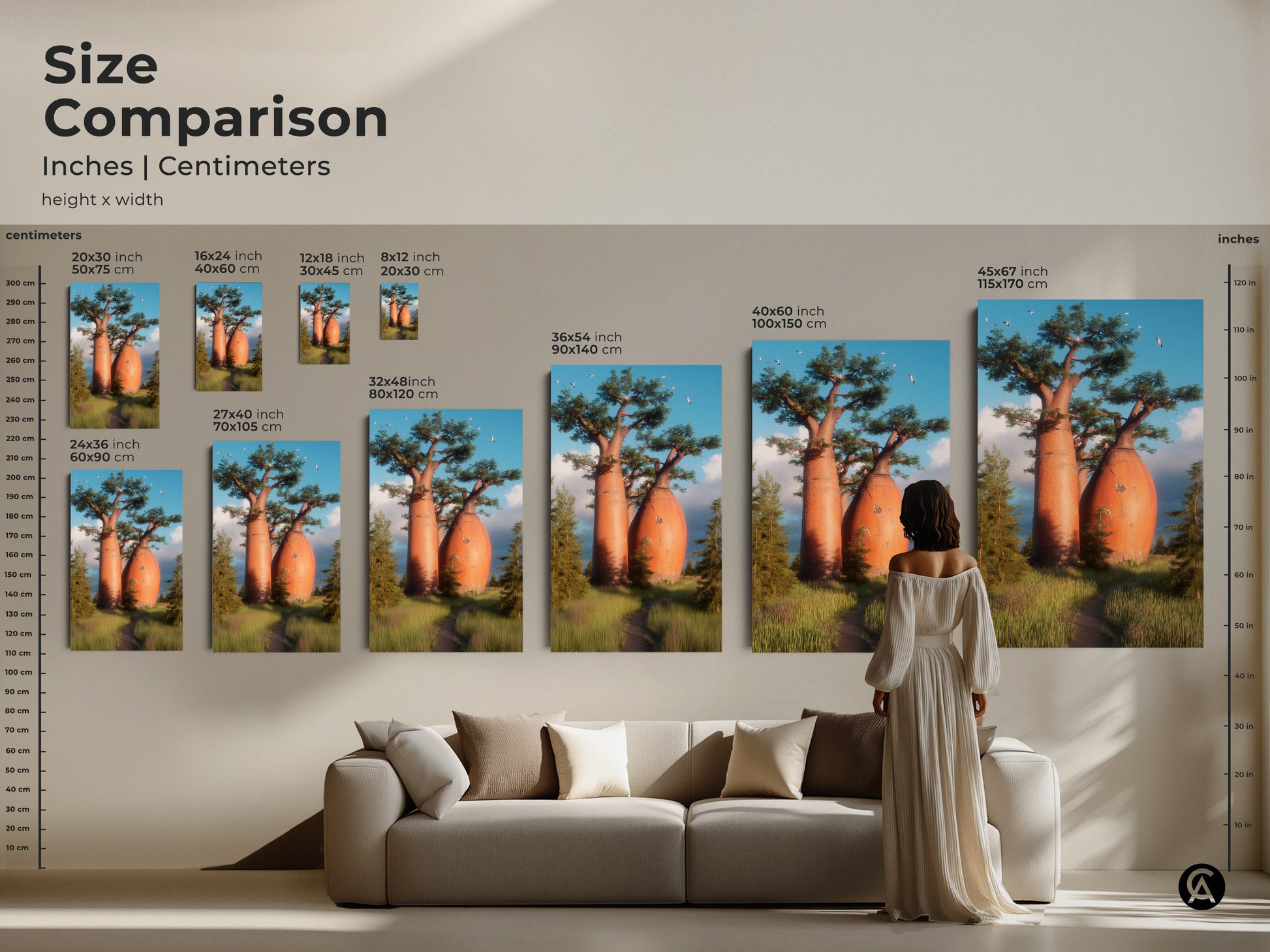 Size comparison of African Savanna landscape artwork. Realistic nature photography of baobab trees in various sizes. See how this art fits in your home. Canvas and poster options available. Find the perfect piece to enhance your eclectic style home decor today.