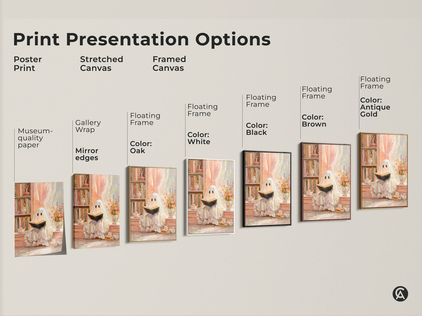 Print presentation options for the ghost reading wall art. Choose from poster print stretched canvas or framed canvas. Each option brings a touch of cozy eclectic charm to your home. Select the perfect style to enhance your reading nook or as a unique bookish gift. Museum quality paper with gallery wrap.