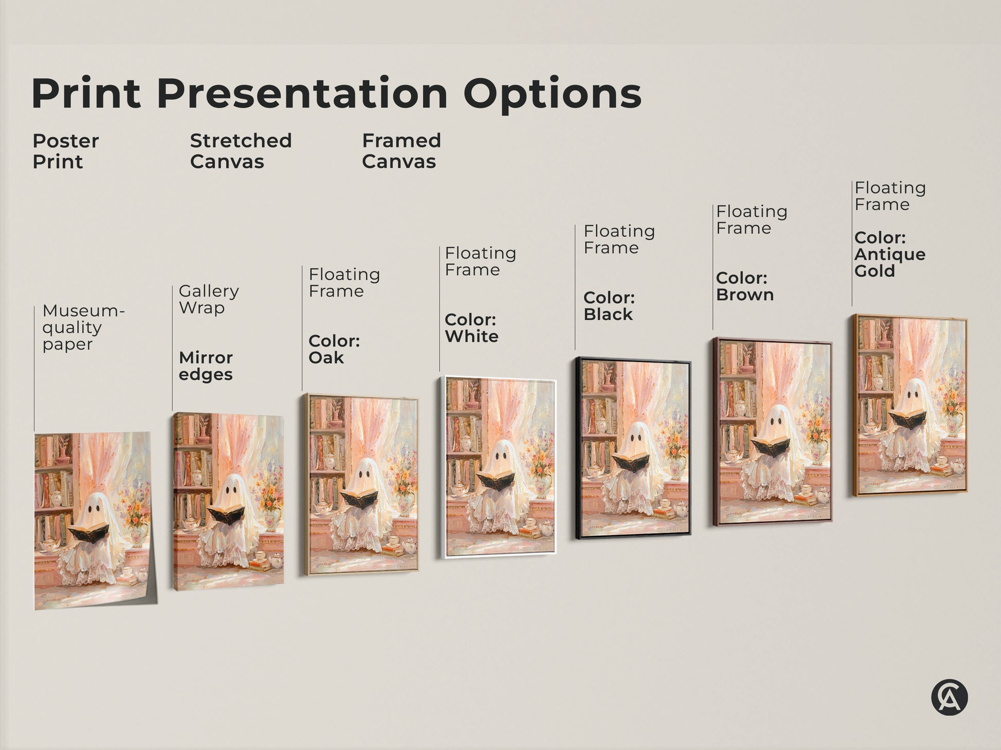 Print presentation options for the ghost reading wall art. Choose from poster print stretched canvas or framed canvas. Each option brings a touch of cozy eclectic charm to your home. Select the perfect style to enhance your reading nook or as a unique bookish gift. Museum quality paper with gallery wrap.