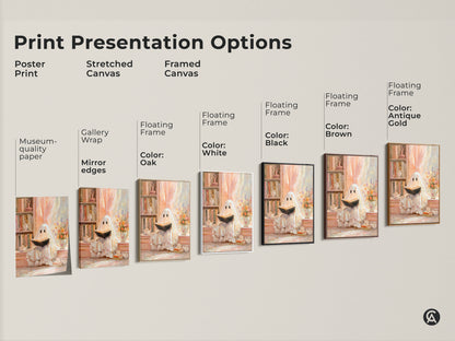 Print presentation options for the ghost reading wall art. Choose from poster print stretched canvas or framed canvas. Each option brings a touch of cozy eclectic charm to your home. Select the perfect style to enhance your reading nook or as a unique bookish gift. Museum quality paper with gallery wrap.