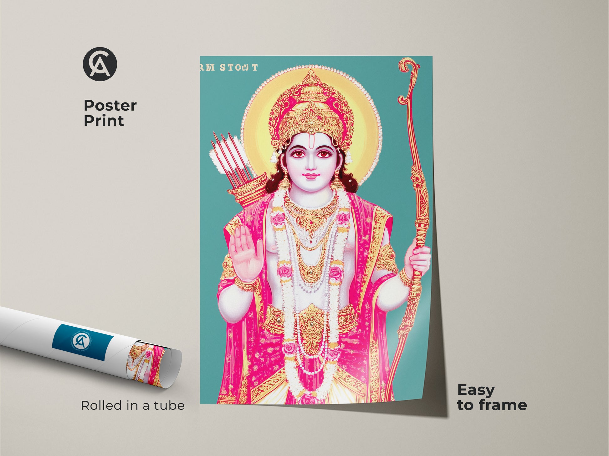 Poster print of Lord Rama Indian deity artwork. Easy to frame religious wall art. Featuring traditional teal gold and pink hues this piece is perfect for spiritual spaces.