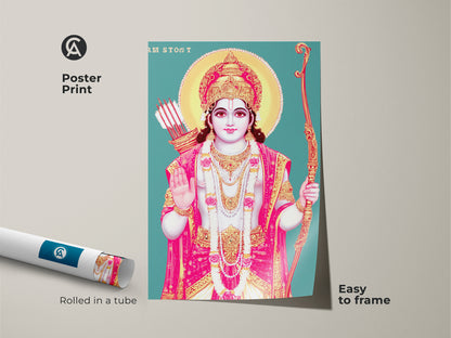 Poster print of Lord Rama Indian deity artwork. Easy to frame religious wall art. Featuring traditional teal gold and pink hues this piece is perfect for spiritual spaces.