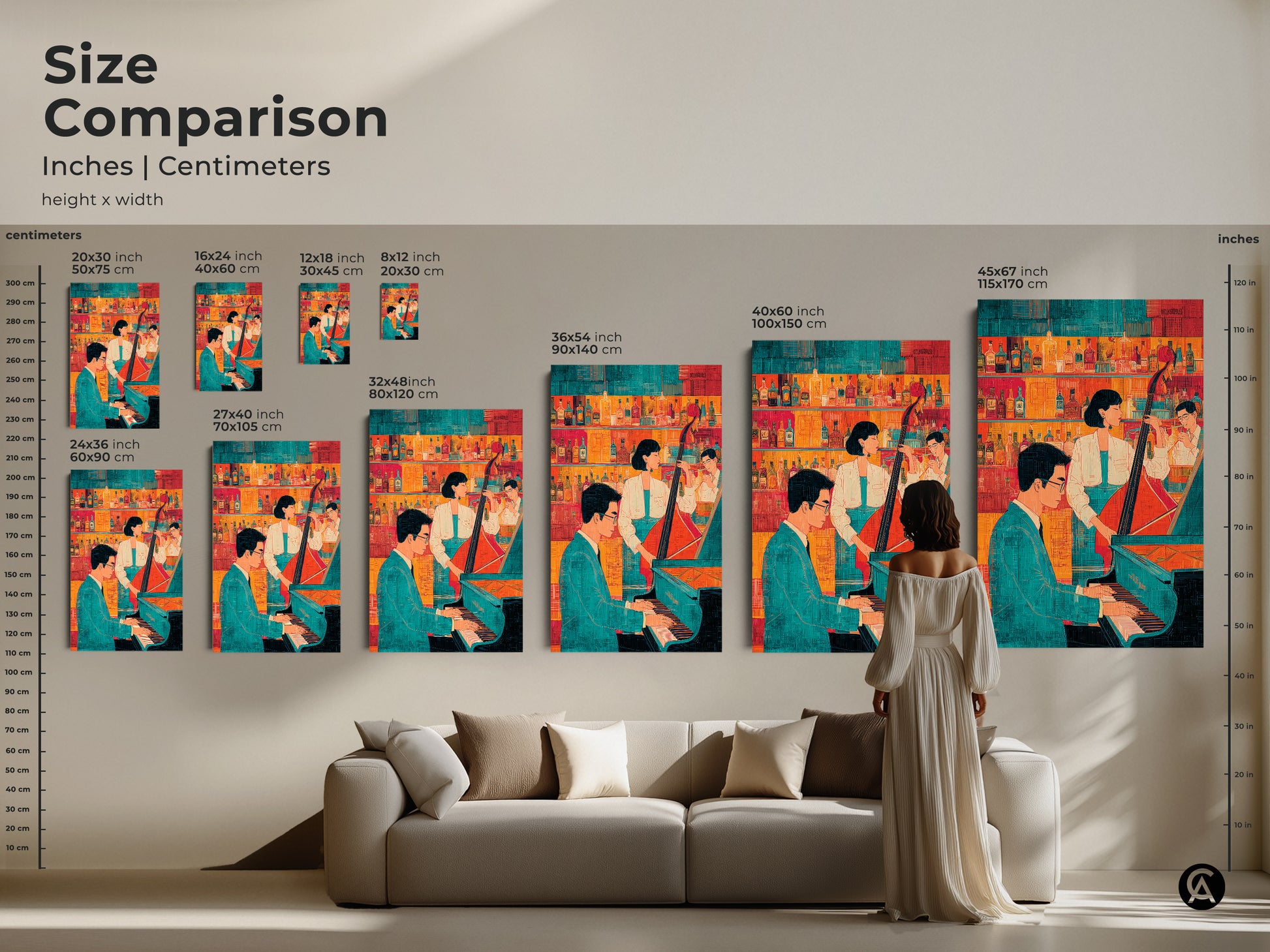 Size comparison of jazz band artwork in inches and centimeters. Various sizes available to fit any space. Perfect for home bar artwork and music venue wall hanging. A unique music gift for jazz lovers.