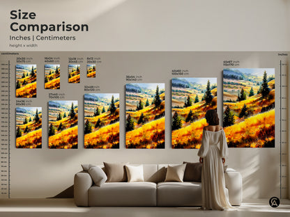 Compare sizes of rustic landscape wall art featuring golden hills and evergreen trees. See how the canvas and poster prints look in various dimensions. Visualize the artwork above a sofa to gauge the ideal size. This impressionistic nature scenery decor adds natural beauty to any space. Choose the perfect size for your home.