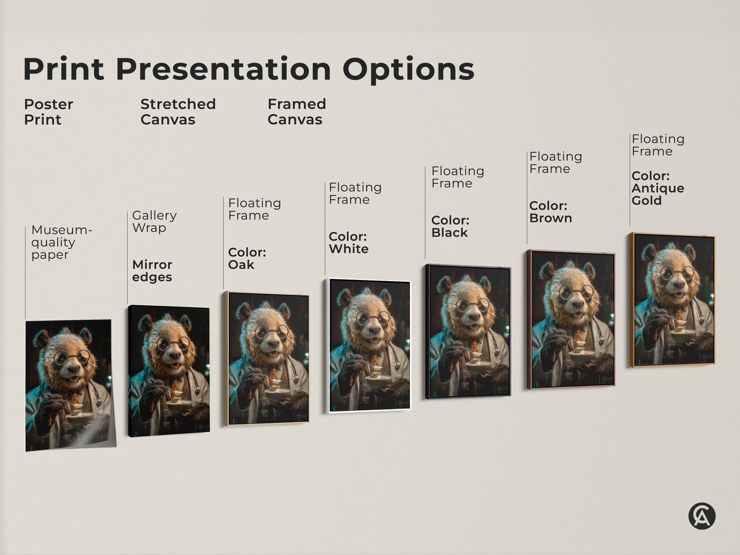 Print presentation options for panda doctor art. Available as poster print stretched canvas and framed canvas. Floating frame color options include white oak black brown and antique gold. Perfect for museum-quality eclectic wall art.
