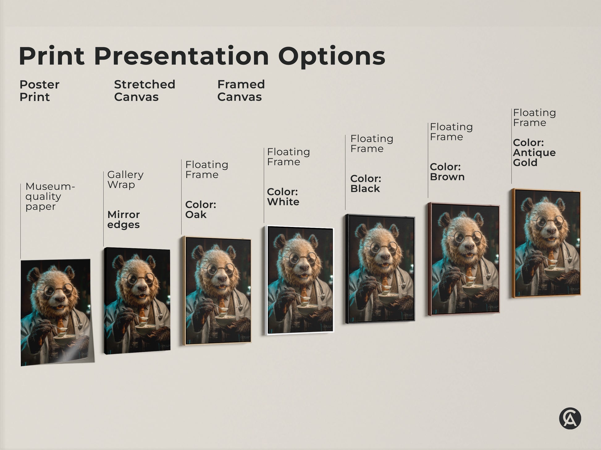 Print presentation options for panda doctor art. Available as poster print stretched canvas and framed canvas. Floating frame color options include white oak black brown and antique gold. Perfect for museum-quality eclectic wall art.