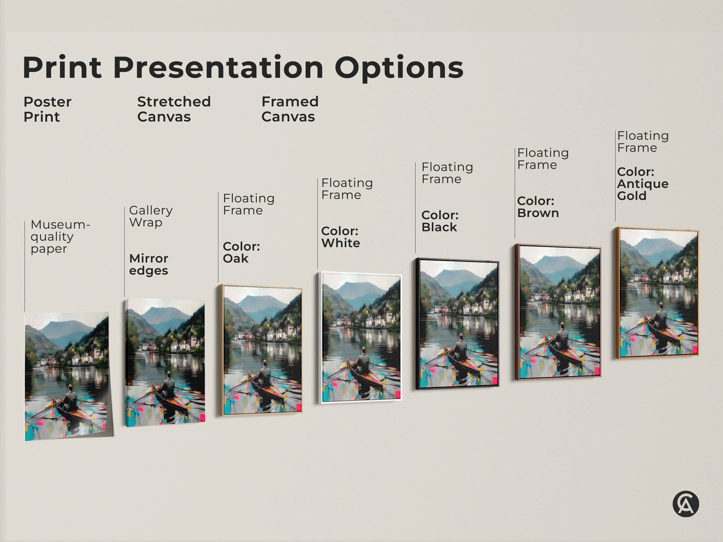 A print presentation option featuring museum-quality paper poster. A stretched canvas with gallery wrap. Framed canvas is available in Oak White Black Brown & Antique Gold. Each shows the same rowboat art.