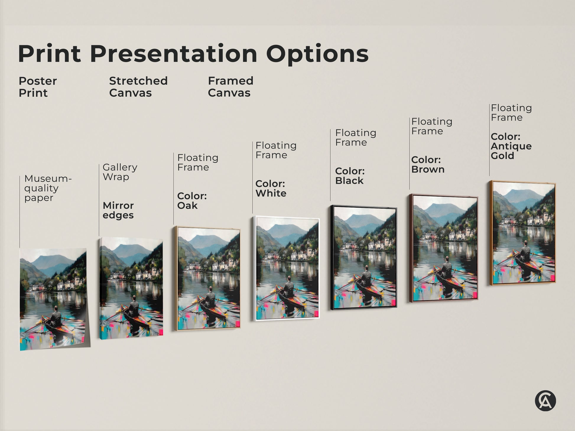 A print presentation option featuring museum-quality paper poster. A stretched canvas with gallery wrap. Framed canvas is available in Oak White Black Brown & Antique Gold. Each shows the same rowboat art.