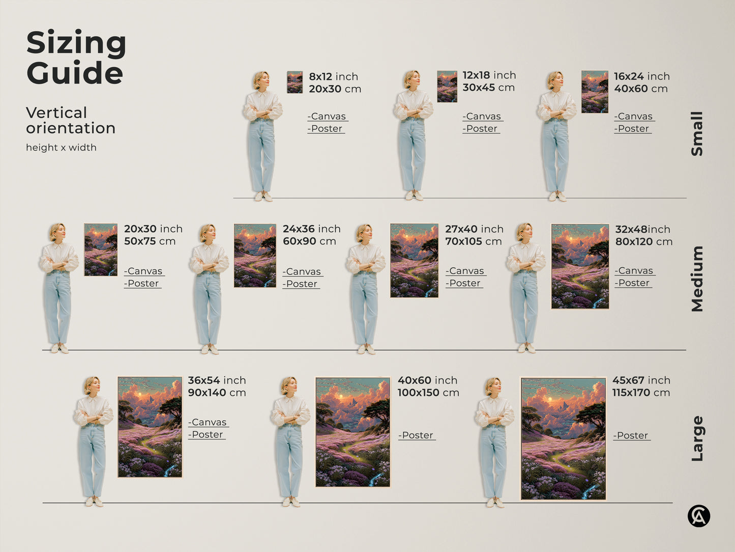 Sizing guide for vertical orientation artwork. Height and width options include small medium and large sizes. Canvas and poster prints are available in various dimensions. Choose from 8x12 inch to 45x67 inch sizes. The dreamy landscape features clouds and a flower field. Bohemian nature scenery in pink orange and teal.