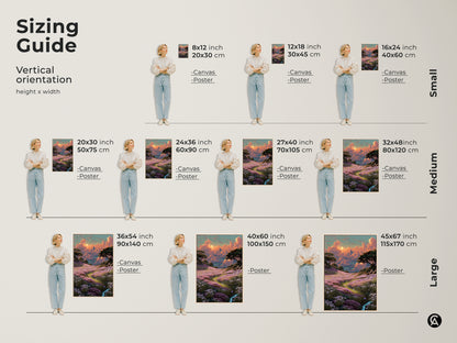 Sizing guide for vertical orientation artwork. Height and width options include small medium and large sizes. Canvas and poster prints are available in various dimensions. Choose from 8x12 inch to 45x67 inch sizes. The dreamy landscape features clouds and a flower field. Bohemian nature scenery in pink orange and teal.