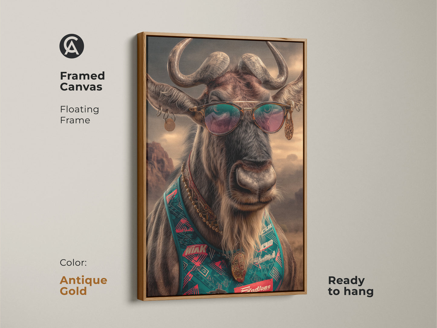 Framed canvas of a wildebeest with sunglasses. It has an antique gold floating frame. Retro pop art animal print. Wildlife portrait canvas artwork. Ready to hang eclectic entryway decor.