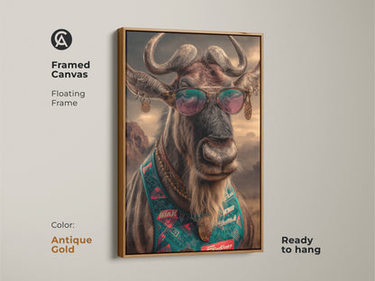 Framed canvas of a wildebeest with sunglasses. It has an antique gold floating frame. Retro pop art animal print. Wildlife portrait canvas artwork. Ready to hang eclectic entryway decor.