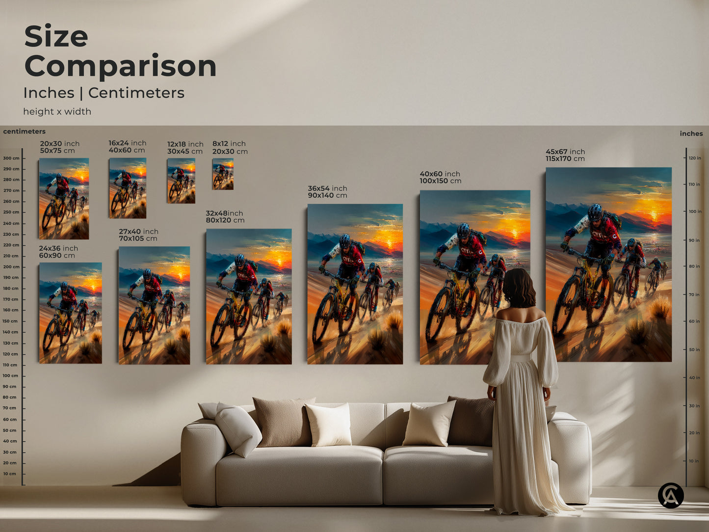 Compare sizes of this captivating mountain biking artwork. It is available in multiple dimensions to suit any room. Visualize how this desert trail art print complements your space. This contemporary canvas adds an adventurous feel to a living room with its warm earth tones and cyclist silhouette.