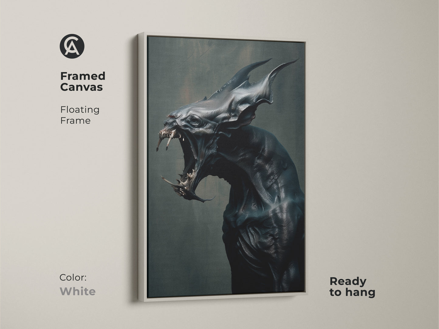 White framed canvas of monster artwork. Floating frame. Ready to hang. This framed art is perfect for a gallery wall. A unique piece of horror art for your home or office.