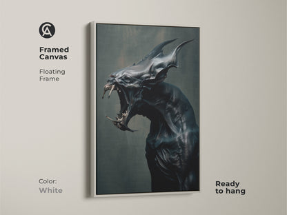 White framed canvas of monster artwork. Floating frame. Ready to hang. This framed art is perfect for a gallery wall. A unique piece of horror art for your home or office.